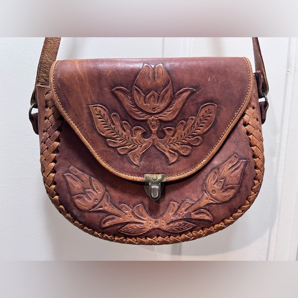 Vintage Embossed Brown Leather Festival Bag